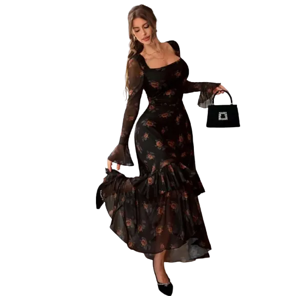 Women's Elegant Fashion Casual Square Neck Long Sleeve Dress