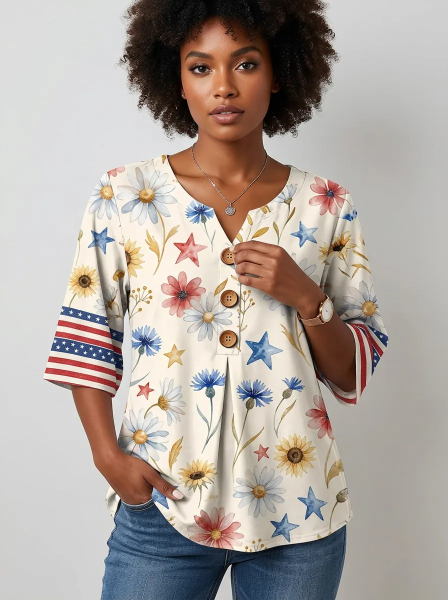 Women's Nashville Patriotic Floral Star Printed Button-Up Top