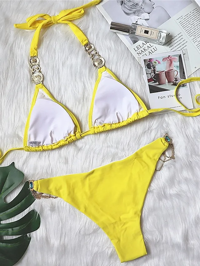 Women's Swimwear Bikini 2 Piece Normal Swimsuit Glitter Solid Color Black White Yellow Red Blue Plunge Bathing Suits Sexy Vacation Fashion