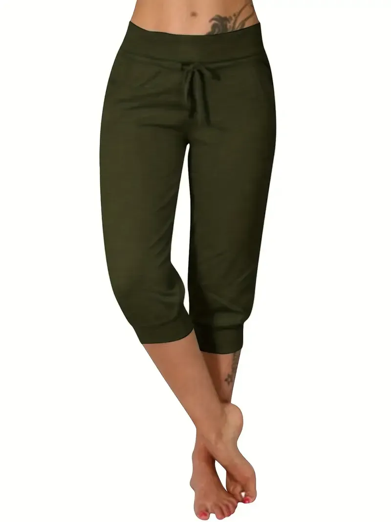 Solid & Casual Elastic Capri Pants - Women's Clothing