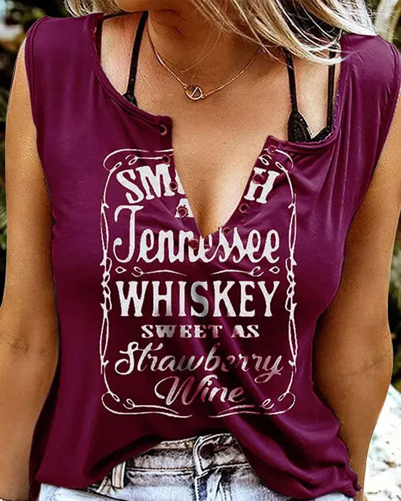 Smooth As Tennessee Whiskey Sweet As Strawberry Wine Print Eyelet Decor Casual Tank Top