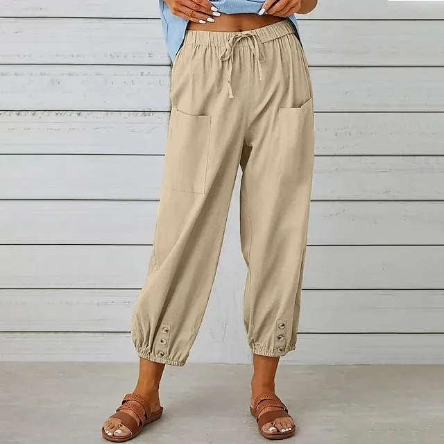 Women's Pants Trousers Linen Cotton Blend Pocket Ankle-Length Black Spring & Summer