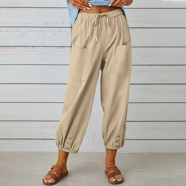 Women's Pants Trousers Linen Cotton Blend Pocket Ankle-Length Black Spring & Summer