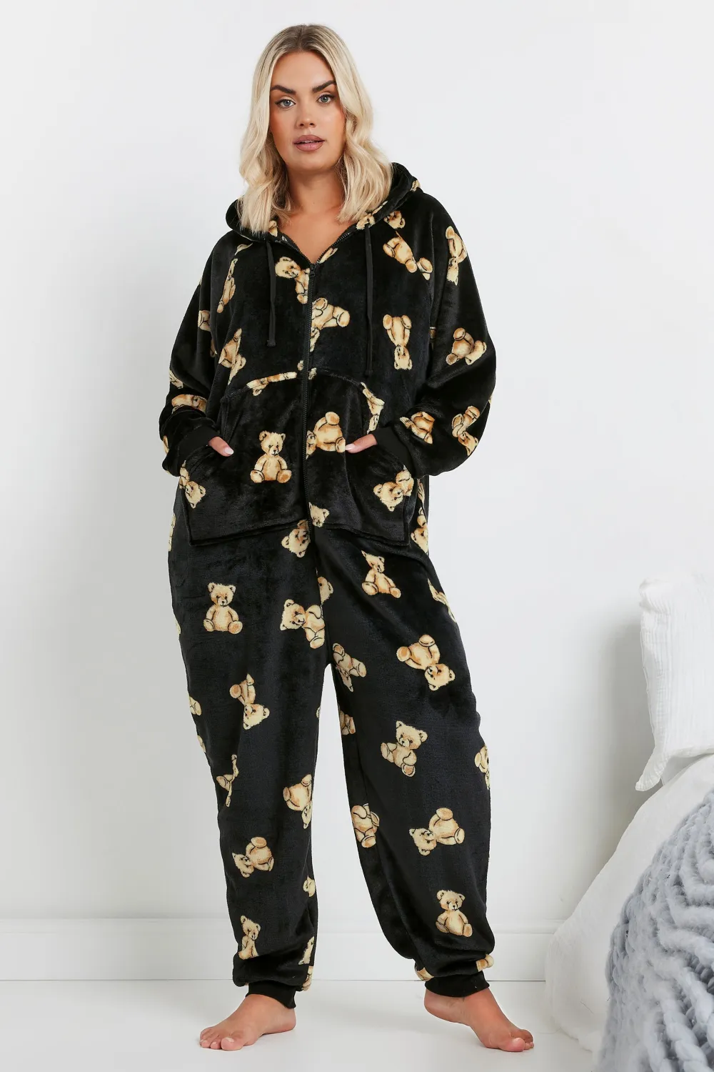 YOURS Curve Black Soft Touch Teddy Bear Onesie