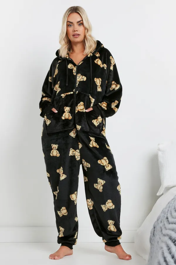 YOURS Curve Black Soft Touch Teddy Bear Onesie