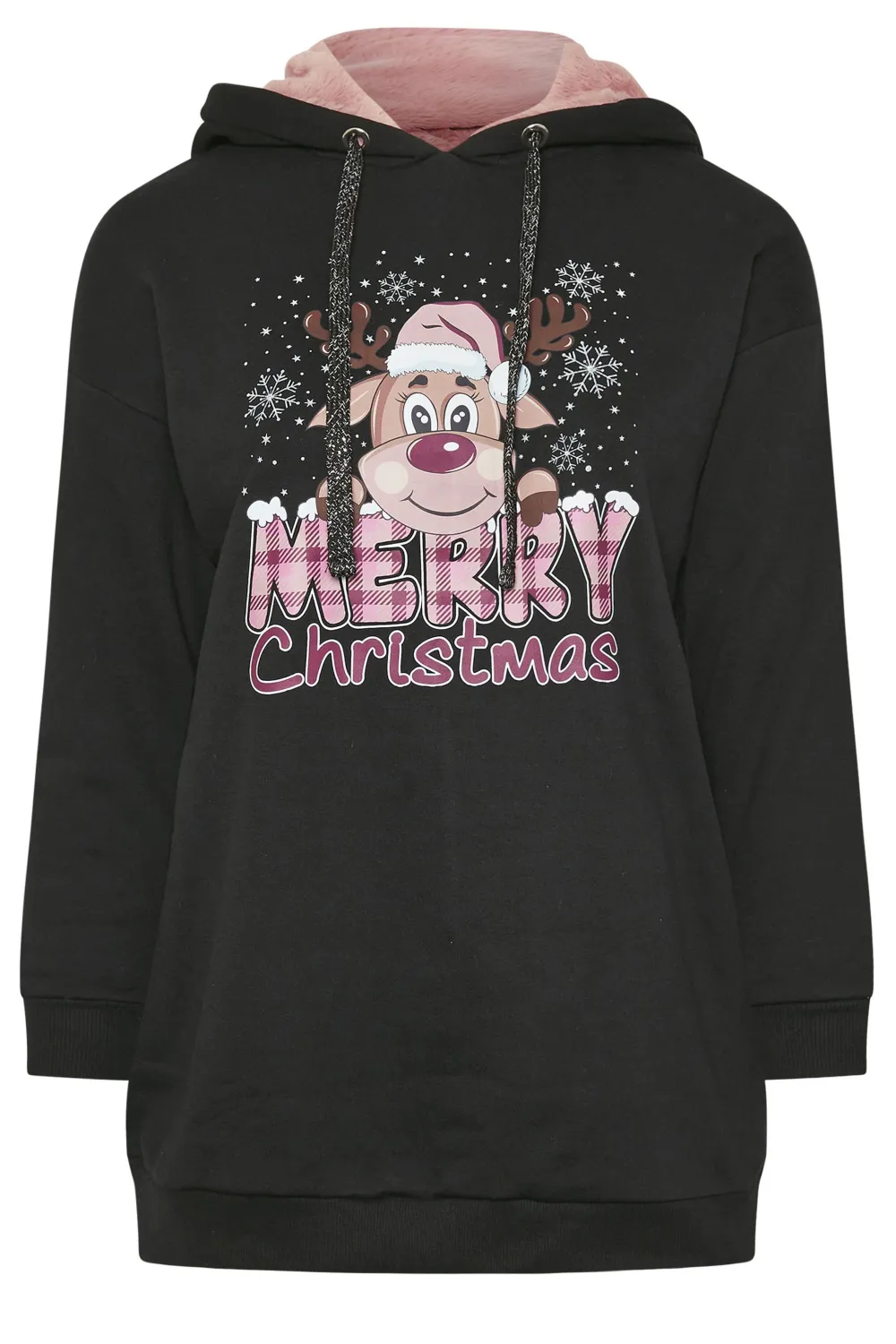 YOURS Curve Black 'Merry Christmas' Slogan Reindeer Print Hoodie