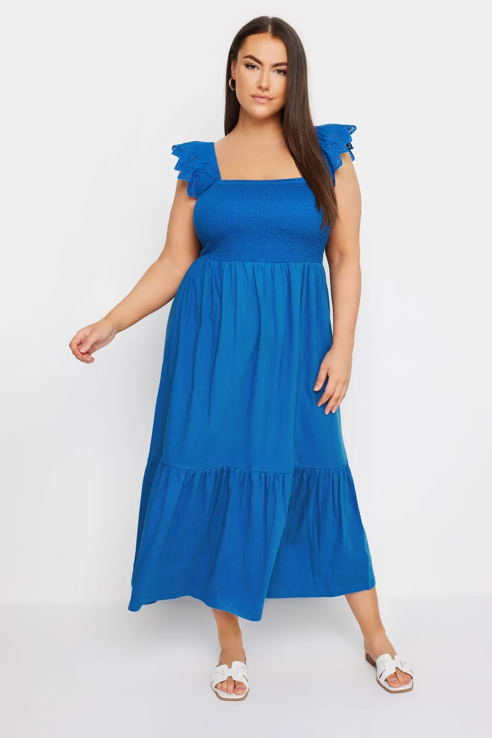 YOURS Curve Blue Frill Sleeve Shirred Midaxi Dress