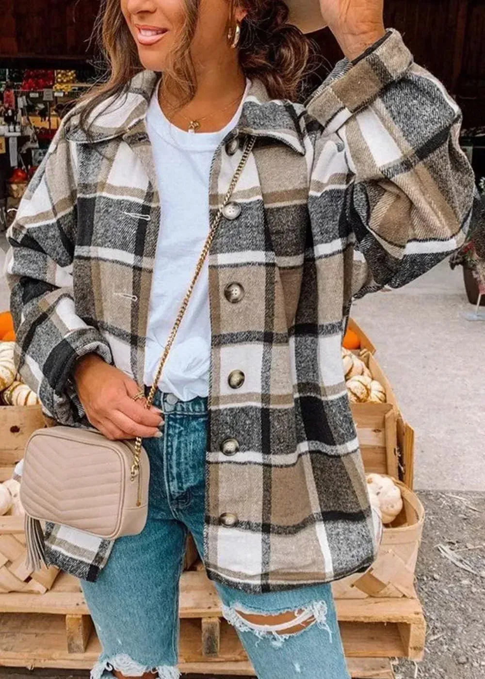 Women's 2023 Fall Clothes Plaid Shacket Jacket Long Sleeve Button Down Flannel Shirts Fashion Blouse