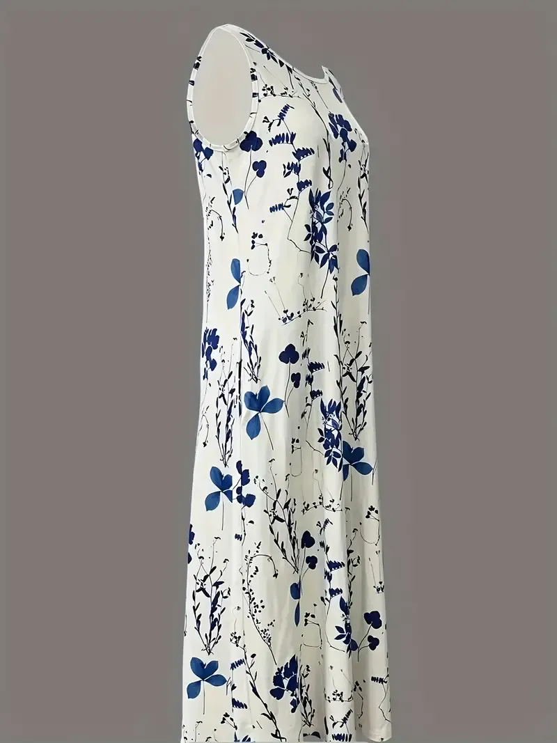 Plus Size Floral Print Dress, Casual Sleeveless Polyester Knit Fabric with Pockets, Spring/Summer Collection, Knit Dress