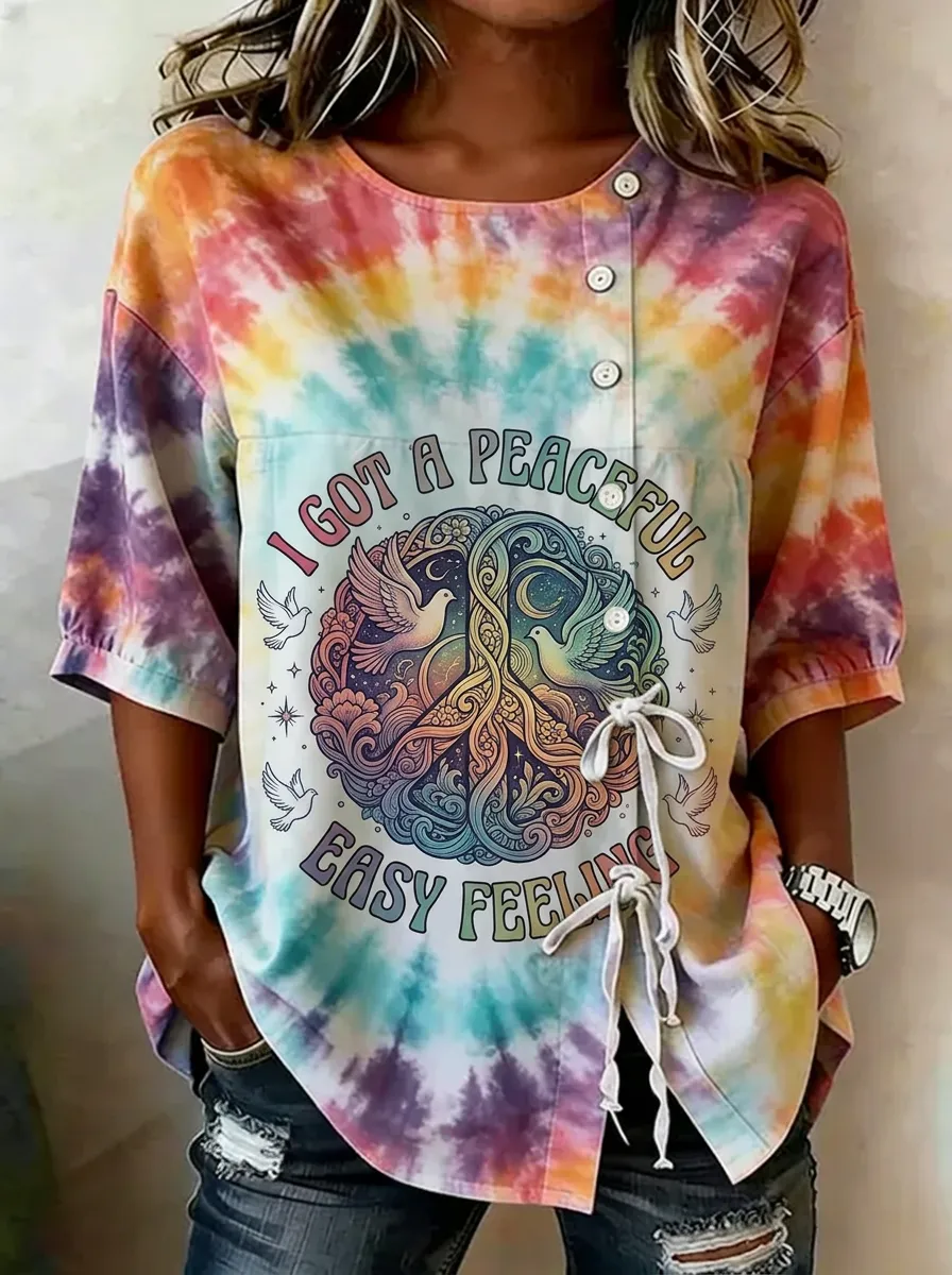 Women's Nashville Peace Dove Tie-Dye Printed Button-Up Top