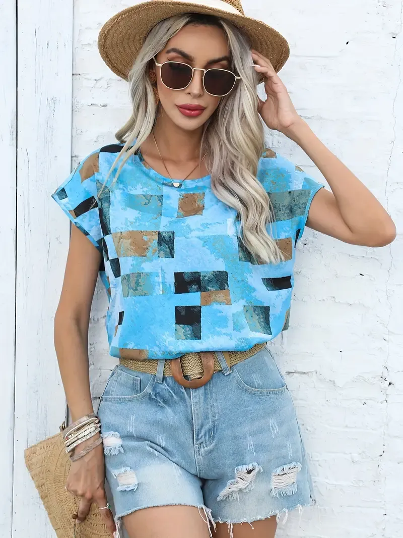 Graphic Print Crew Neck T-shirt, Short Sleeve Aztec Print Tops, Women's Clothing