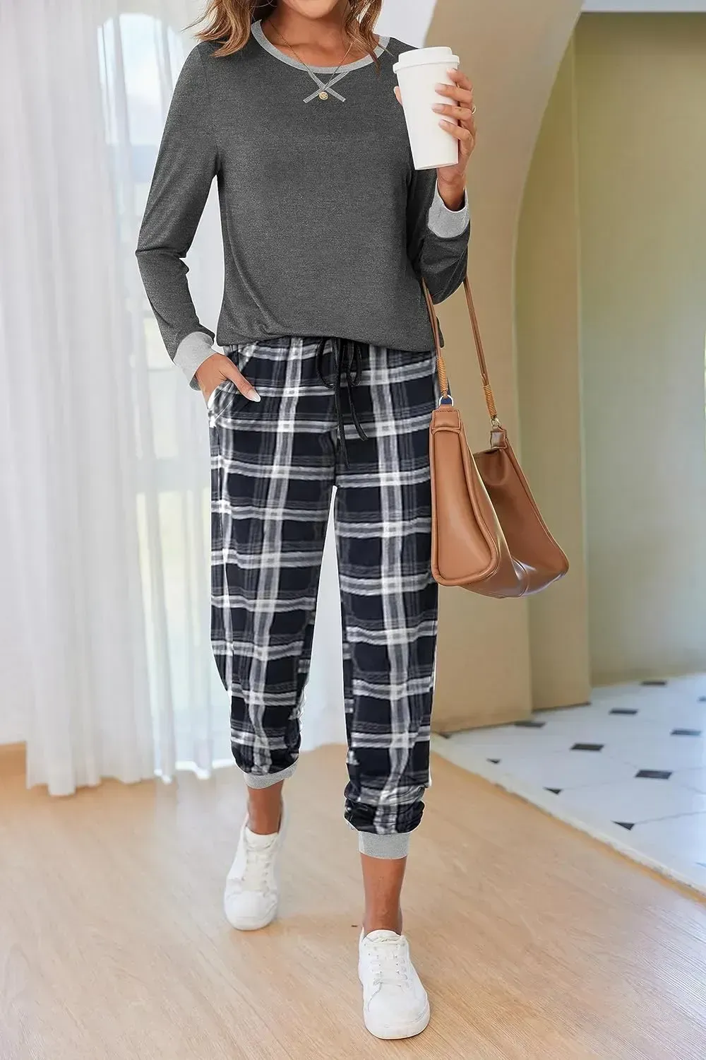 Women's Pajamas Sets Long Sleeve with Plaid Pants Soft Sleepwear O Neck 2 Piece Pjs Joggers Loung Set with Pockets