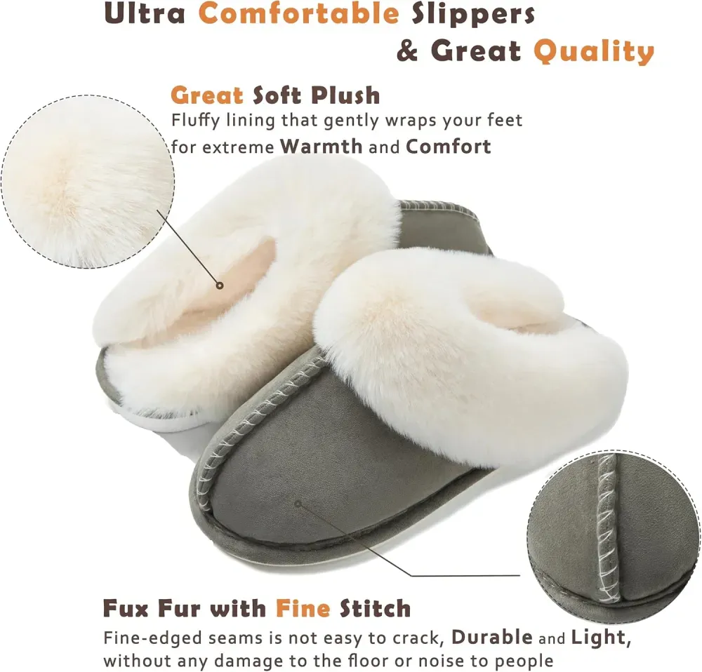 Womens Slipper with Memory Foam Fluffy Soft Warm Slip On House Slippers Anti-Skid Cozy Plush for Indoor Outdoor
