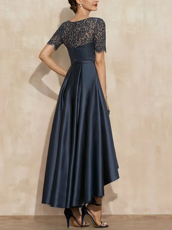 A-Line Scoop Neck Asymmetrical Satin Lace Mother of the Bride Dress With Pockets