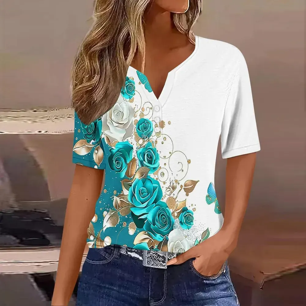 Shirts for Women Casual Printed Summer Tops Short-Sleeved Button V-Neck Tops Blouse Fashion Boho T-Shirts