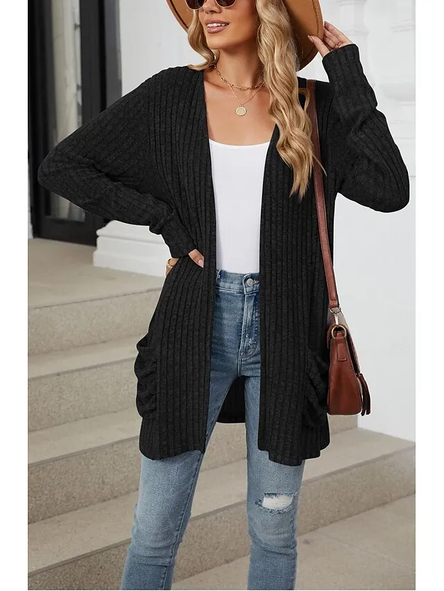 Women's Cardigan Open Front Ribbed Knit Pocket Spring Fall Work Daily Elegant Casual Long Sleeve Solid Color Black Army Green