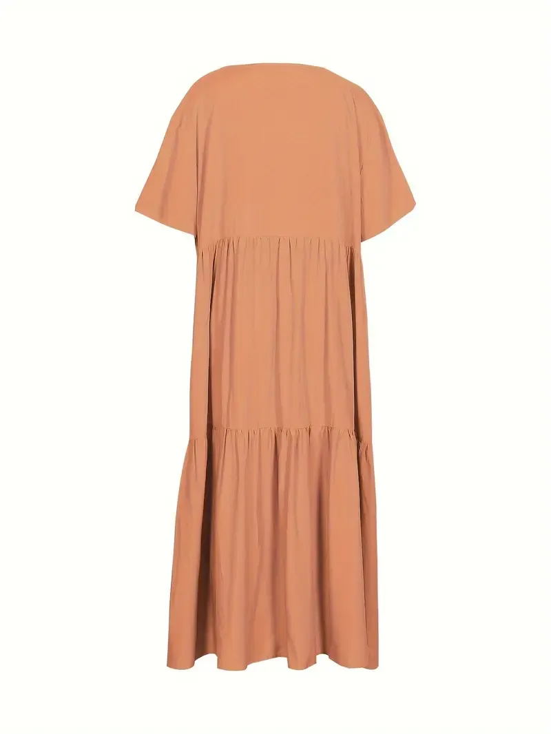 Plus Size Solid Ruched Tiered Dress, Casual Short Sleeve V Neck Loose Dress For Spring & Summer, Women's Plus Size Clothing