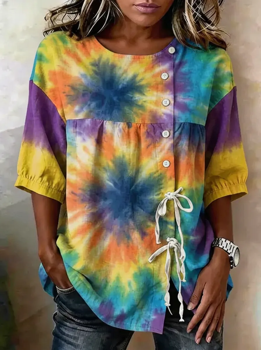 Women's Nashville Music Tie-Dye Printed Button-Down Top