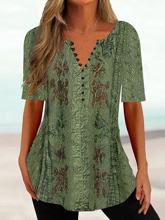 Women's T shirt Tee Henley Shirt Floral Holiday Weekend Grass Green Light Green Red Button Print Short Sleeve Tunic Basic Round Neck Regular Fit
