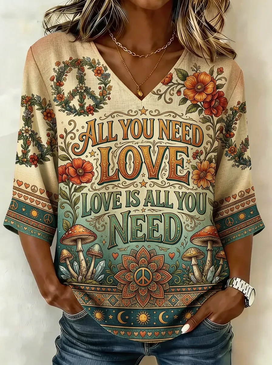 Women's Nashville Boho Floral Mushroom Printed V-neck Top