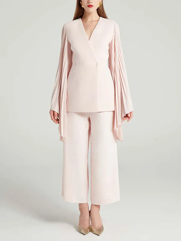 Chiffon pleated sleeve wide leg pants ladies set