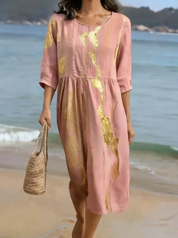 Women's Casual Round Neck Mid Sleeve Print Cotton and Linen Dress