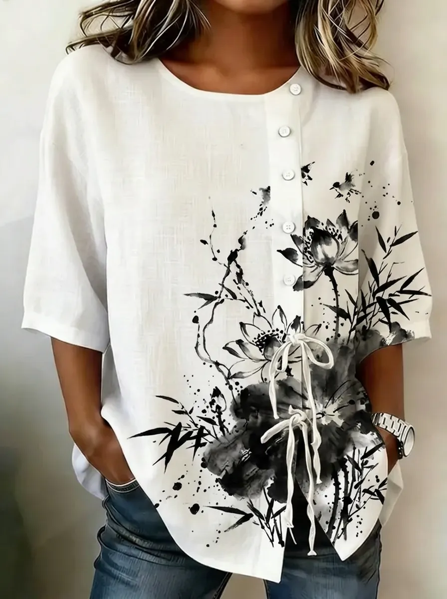 Women's Nashville Ink Wash Lotus Bamboo Printed Button-Up Top
