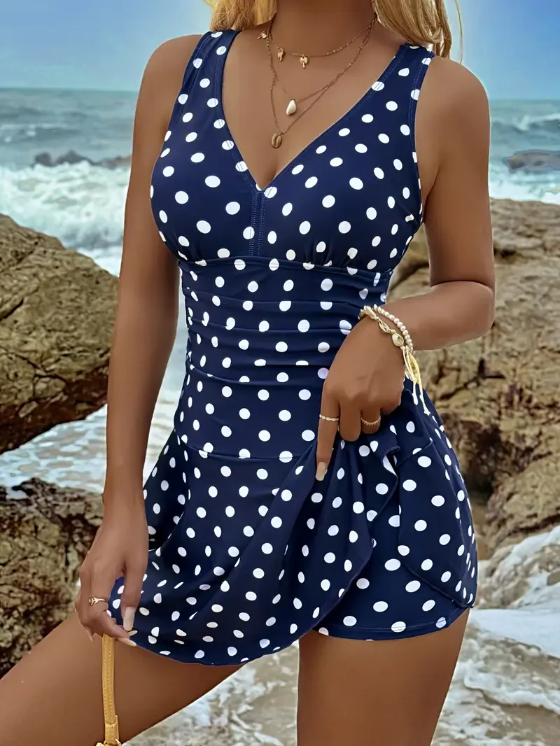 Polka Dot Print One-piece Swimsuit, V Neck Criss Cross Straps Skirted Style Bathing Suits - Polyester - For Women - Perfect for Beach Vacations & Pool Parties - Ideal Gift for Summer