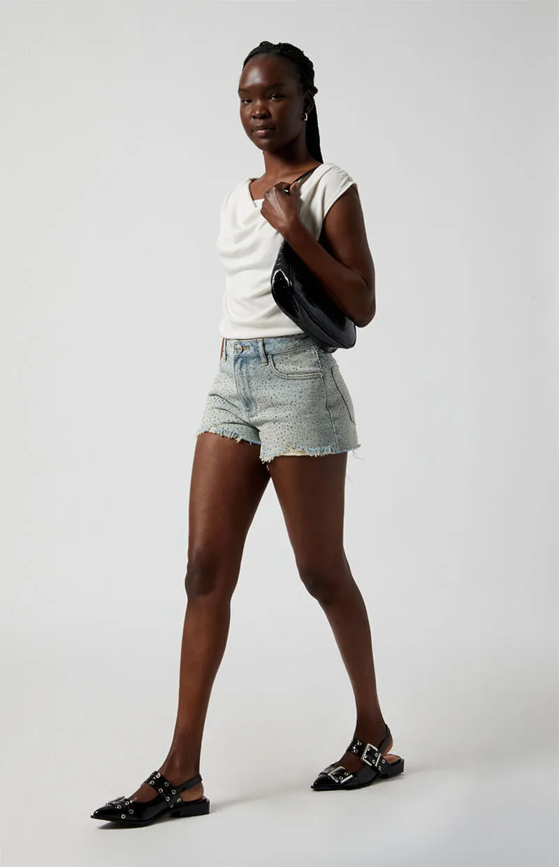 PacSun Light Indigo Rhinestone High Waisted Denim Festival Shorts
