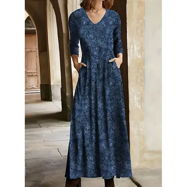 Women's Winter Dress T Shirt Dress Tee Dress Floral Tribal Pocket V Neck Long Dress Maxi Dress Vintage Ethnic Daily Long Sleeve Fall Winter