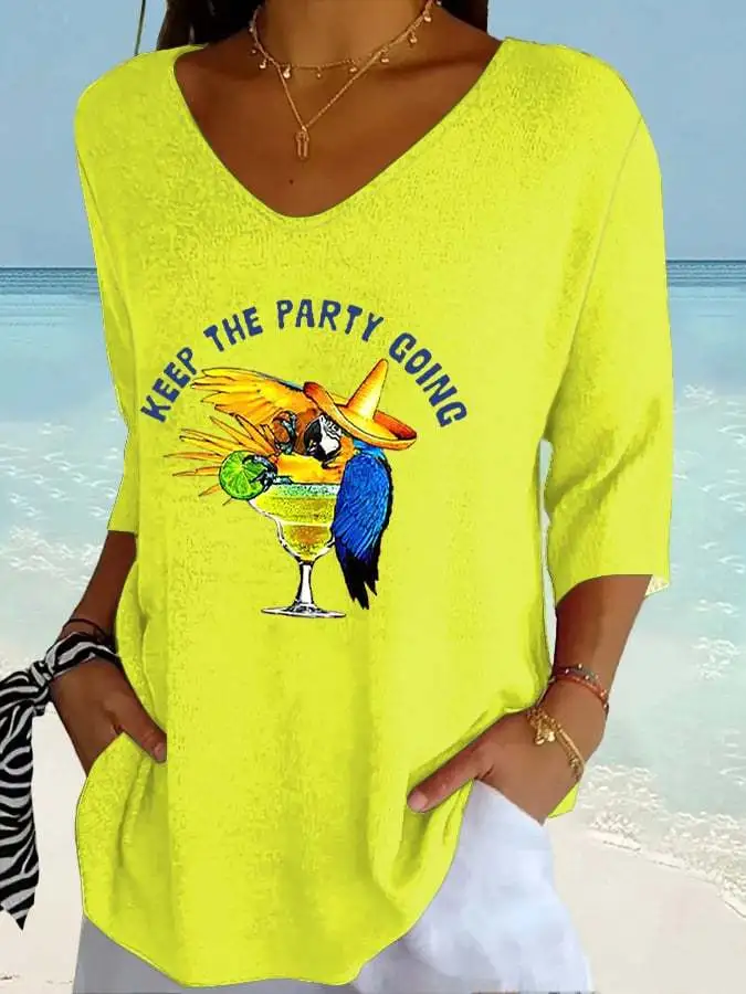 Women's Retro Muscic Lover Parrot Keep The Party Going Print Shirt