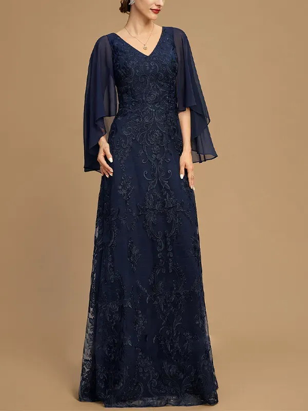 V-neck Lace Solid Color Mesh Gown Maxi Dress