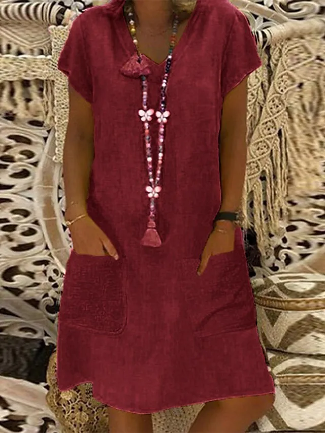 Women's Casual Dress Casual Dress Shift Dress Pure Color Pocket V Neck Midi Dress Basic Daily Vacation Short Sleeve Loose Fit Black Yellow Light Green Summer Spring S M L XL XXL