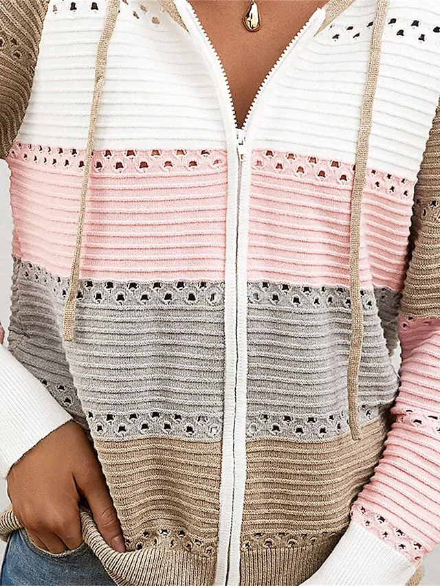 Suéter feminino com capuz e malha canelada com zíper e patchwork Primavera e outono Exterior Diariamente Exterior Moda Casual Macia Manga Longa