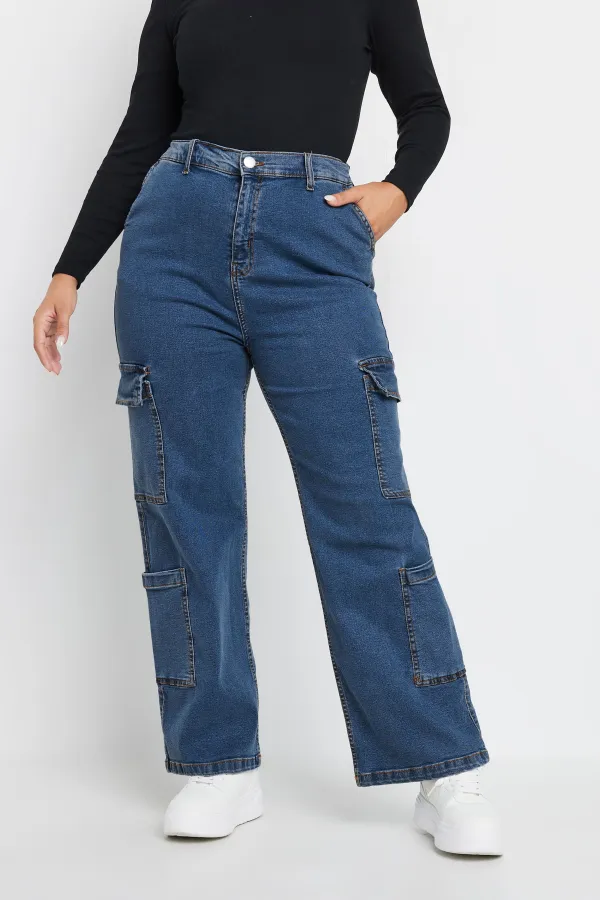 LIMITED COLLECTION Curve Blue Mid Wash Wide Leg Cargo Jeans