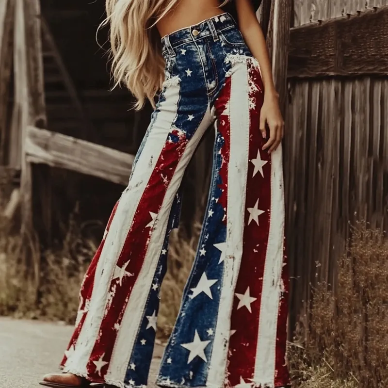 Vintage Independence Day America Flag Patchwork Art Design Jeans