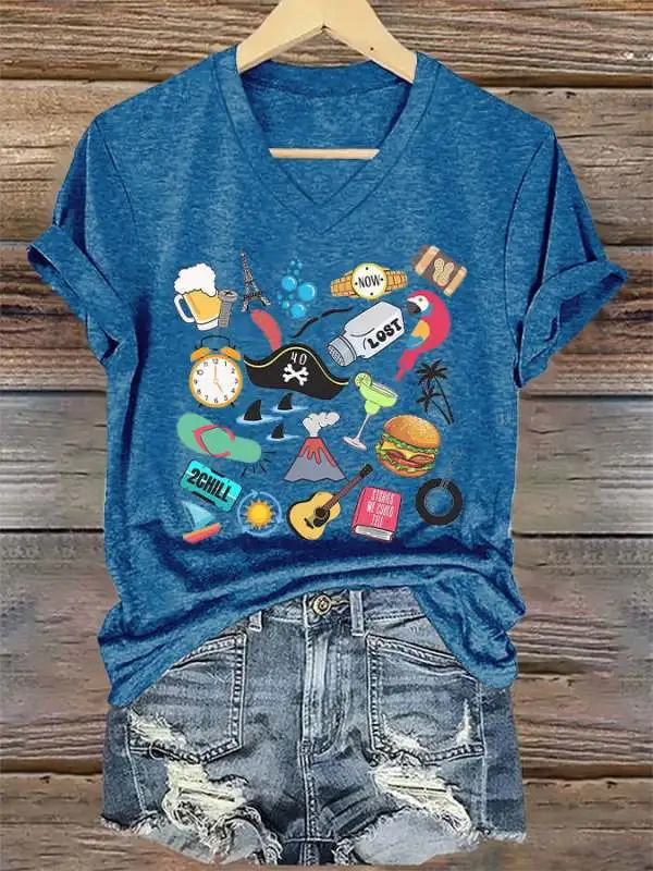 V-Neck Retro Funny Song Titles Print T-Shirt