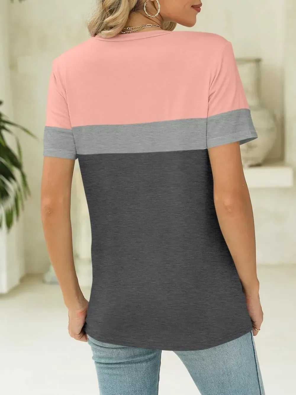 ORANDESIGNE Women's Color Block Short Sleeve T Shirts Casual V Neck Summer Tops Tees Loose Fit Blouses