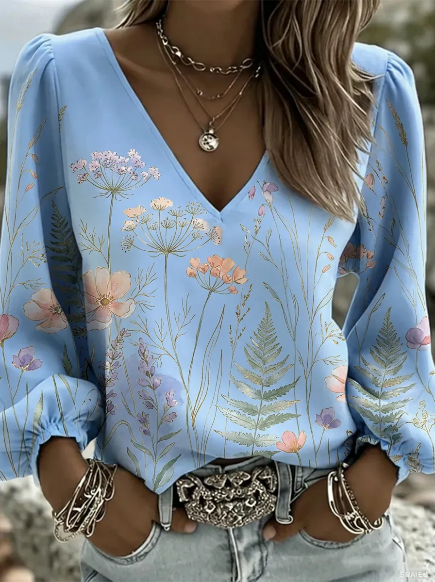 Women's Nashville Wildflower Botanical Printed V-Neck Top