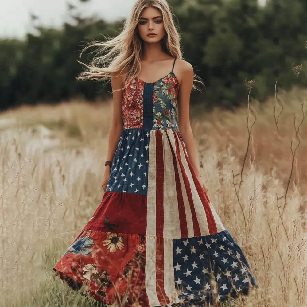 Womens Vintage Independence Day Flag Floral Art Linen Long Slip Dress