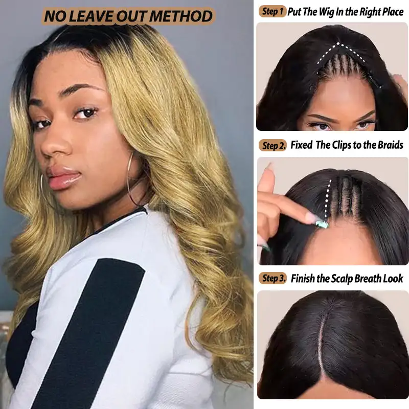 Glueless #T1B/27 Ombre V Part Wig No Leave Out Beginner Friendly Upgrade U Part Wig