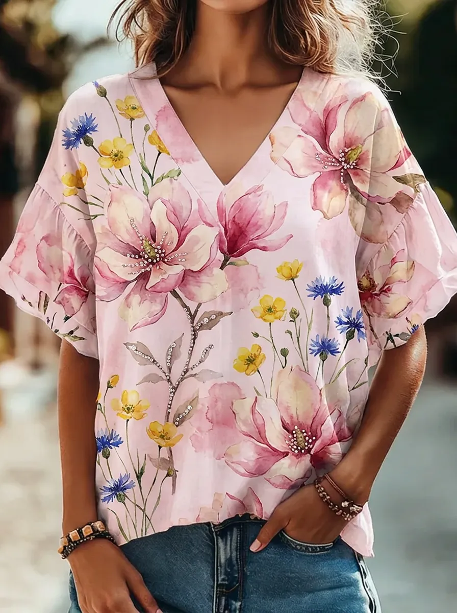 Women's Nashville Floral Watercolor Printed V-Neck Top