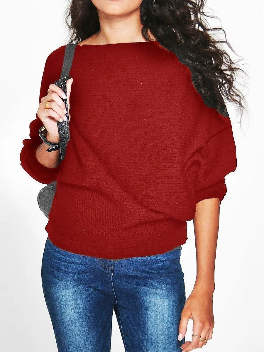 Women Loose Knitted Bat-Wing Sleeve Casual Jumper Type Sweater T-Shirts