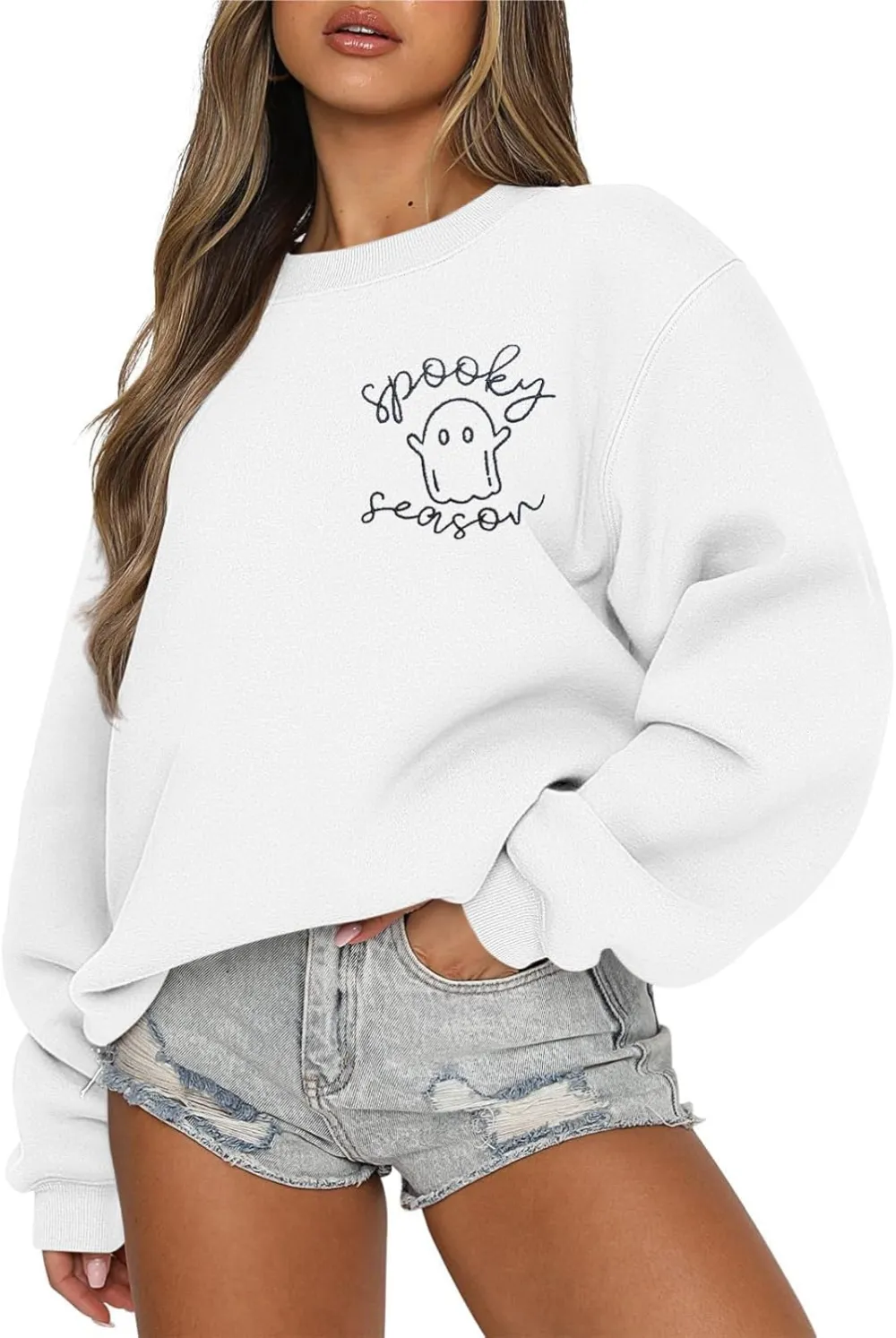 LOTUCY Halloween Sweatshirt Women Cute Spooky Season Sweatshirts Ghost Fall Embroidered Sweater Pullover Top