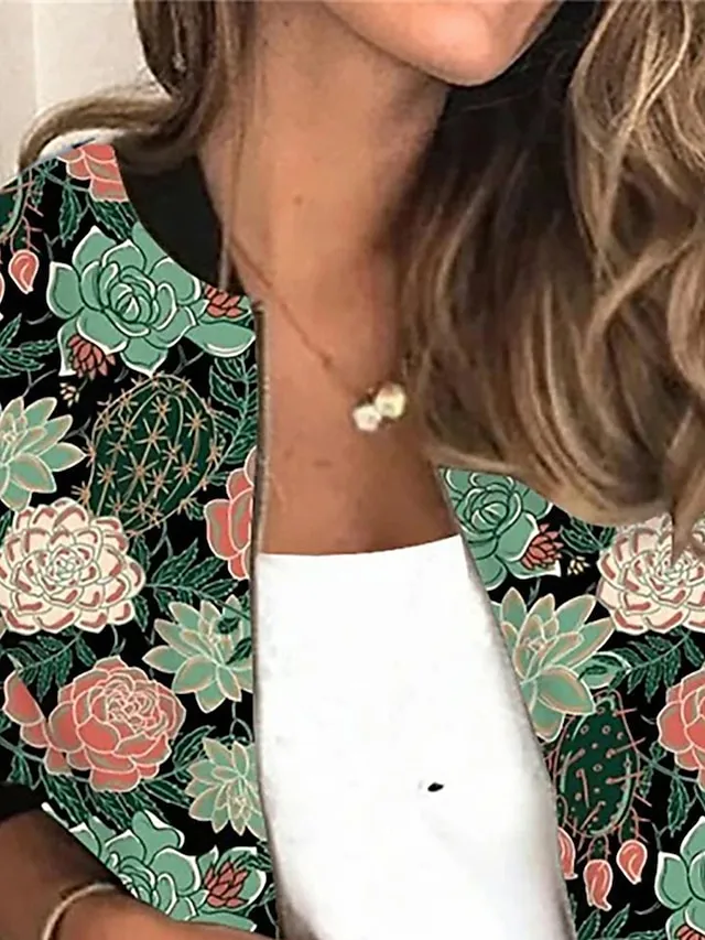 Women's Bomber Jacket Casual Jacket Outdoor Zipper Floral Pattern Breathable Streetwear Regular Fit Outerwear Long Sleeve Summer Black