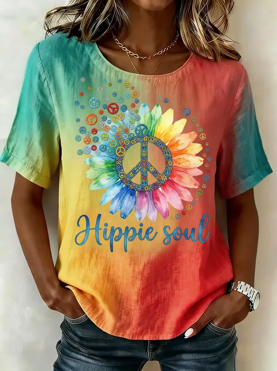 Women's Nashville Hippie Soul Rainbow Sunflower Peace Sign Printed T-shirt
