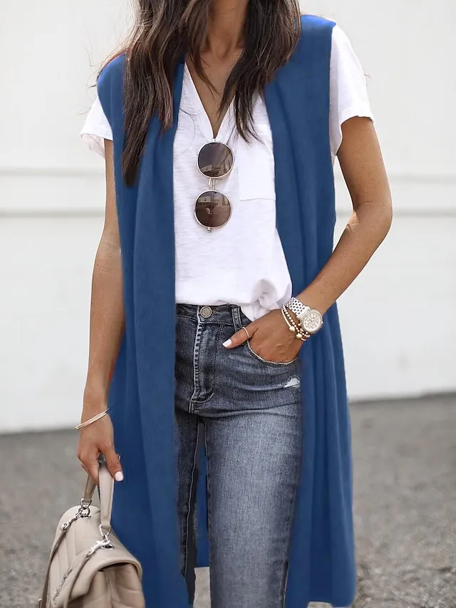 Women's Cardigan Knitted Solid Color Basic Casual Sleeveless Regular Fit  Cardigans Open Front Spring Summer Red Wine Dark Blue Orange / Going out