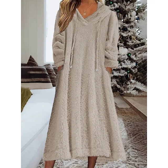 Women's Hoodie Dress Casual Dress Midi Dress Teddy Fleece Warm Home Daily Weekend Hoodie Pocket Drawstring Pure Color 2023 Regular Fit White Lavender Khaki S M L XL 2XL