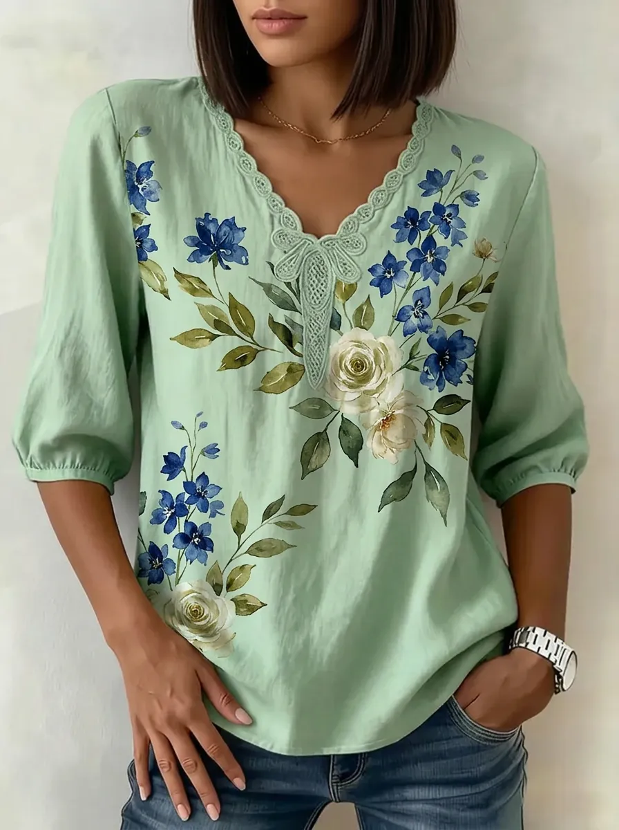 Women's Nashville Floral Watercolor Printed V-Neck Top