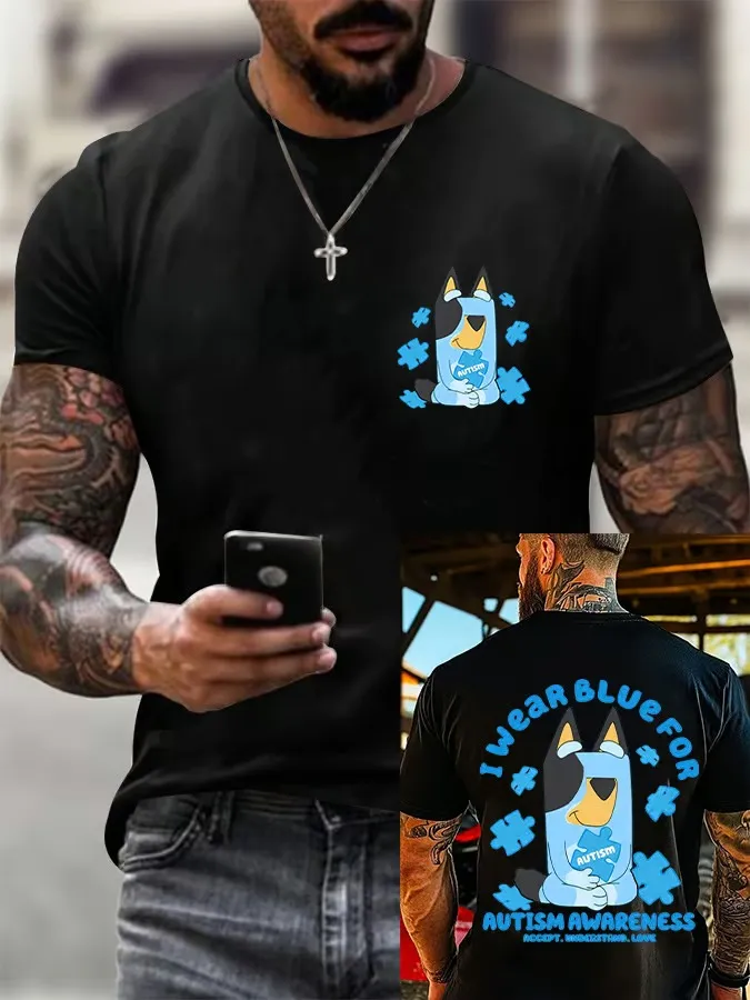 Men'S T-Shirt Men'S Retro Autism Awareness I Wear Autism Printed Crew-Neck T-Shirt Pure Cotton